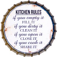 Distressed Gray Metal Bottle Cap Kitchen Rules Sign