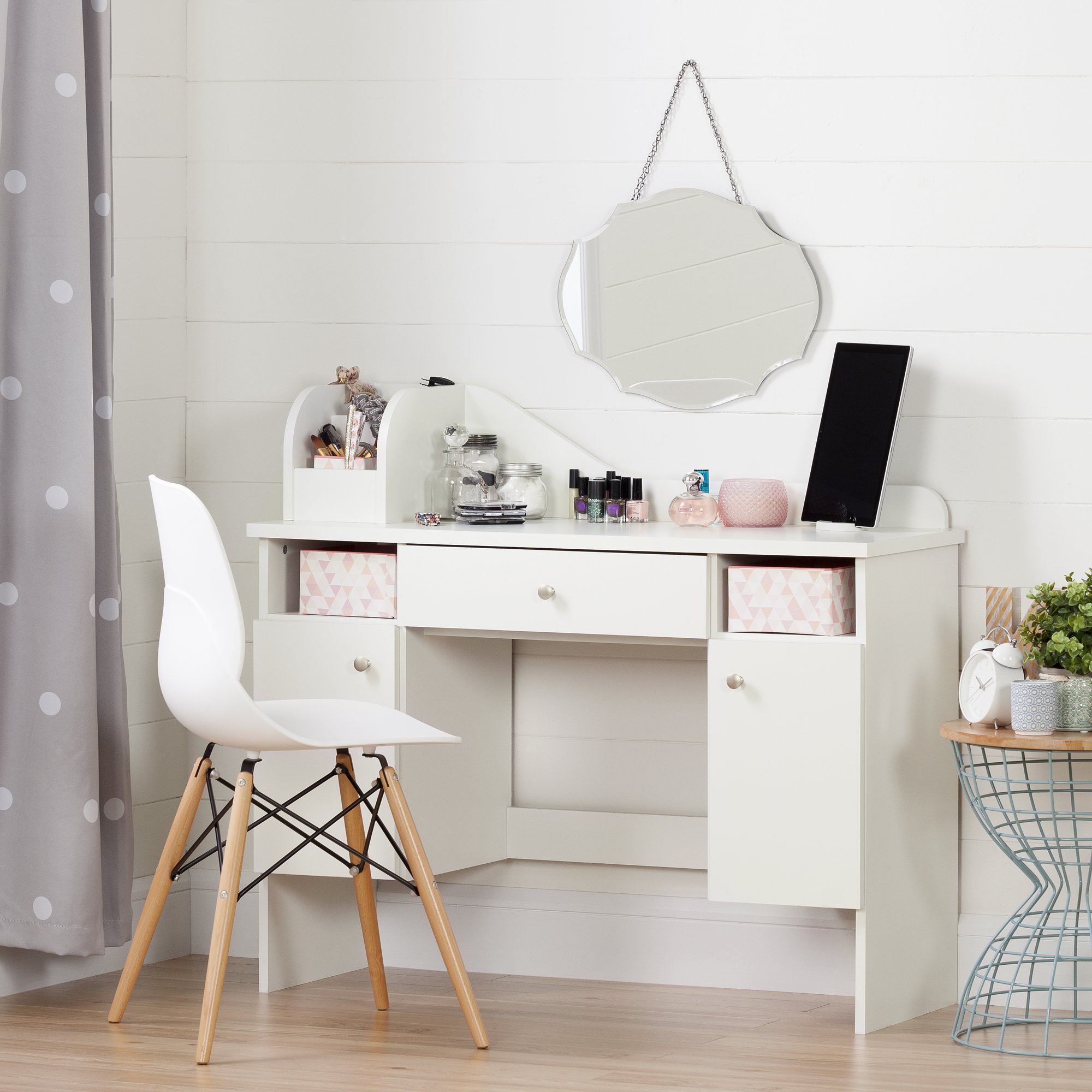 10081 Pure White Makeup Desk with Drawer - Vito-1