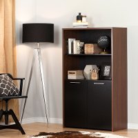 10392 Brown Walnut and Pure Black Storage Bookcase with Doors - Tasko