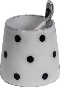 Aluminum Sugar Pot and Spoon with a White Enamel Finish and Polka Dots