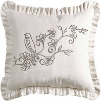 White Ruffled Embroidered Bird and Floral Throw Pillow