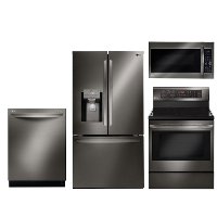 KIT LG 4 Piece Electric Kitchen Appliance Package with French Door Smart Refrigerator - Black Stainless Steel