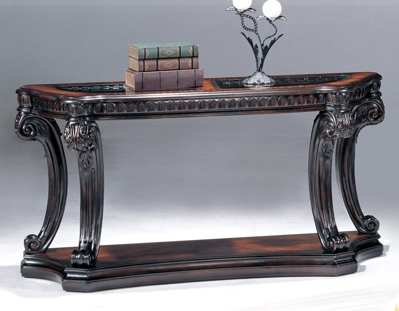 Traditional Brown and Glass Top Sofa Table - Grand Estates-2