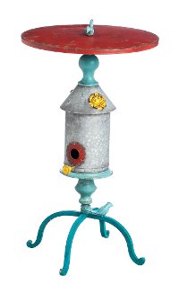Distressed Multi-Colored Metal Birdhouse Table with Cast Iron Birds