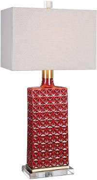 Deep Red Embossed Table Lamp with Brass Accents