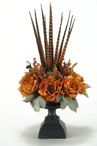 Peonies and Feather Arrangement in a Pedestal Urn