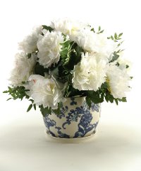 159049 Cream Peonies Arrangement In a Ceramic Blue and White Planter