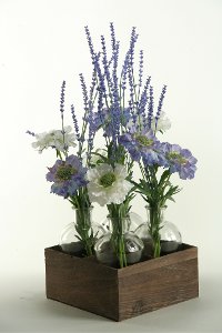 165035 White and Light Blue Scabiosa Arrangement in Jars and Crate