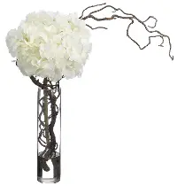 Hydrangeas and Curly Willow Arrangement in a Clear Vase