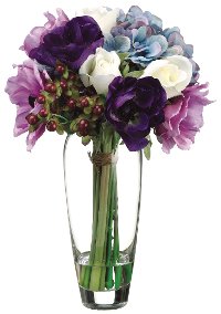 Anemone, Hydrangea and Rose Arrangement In Clear Vase