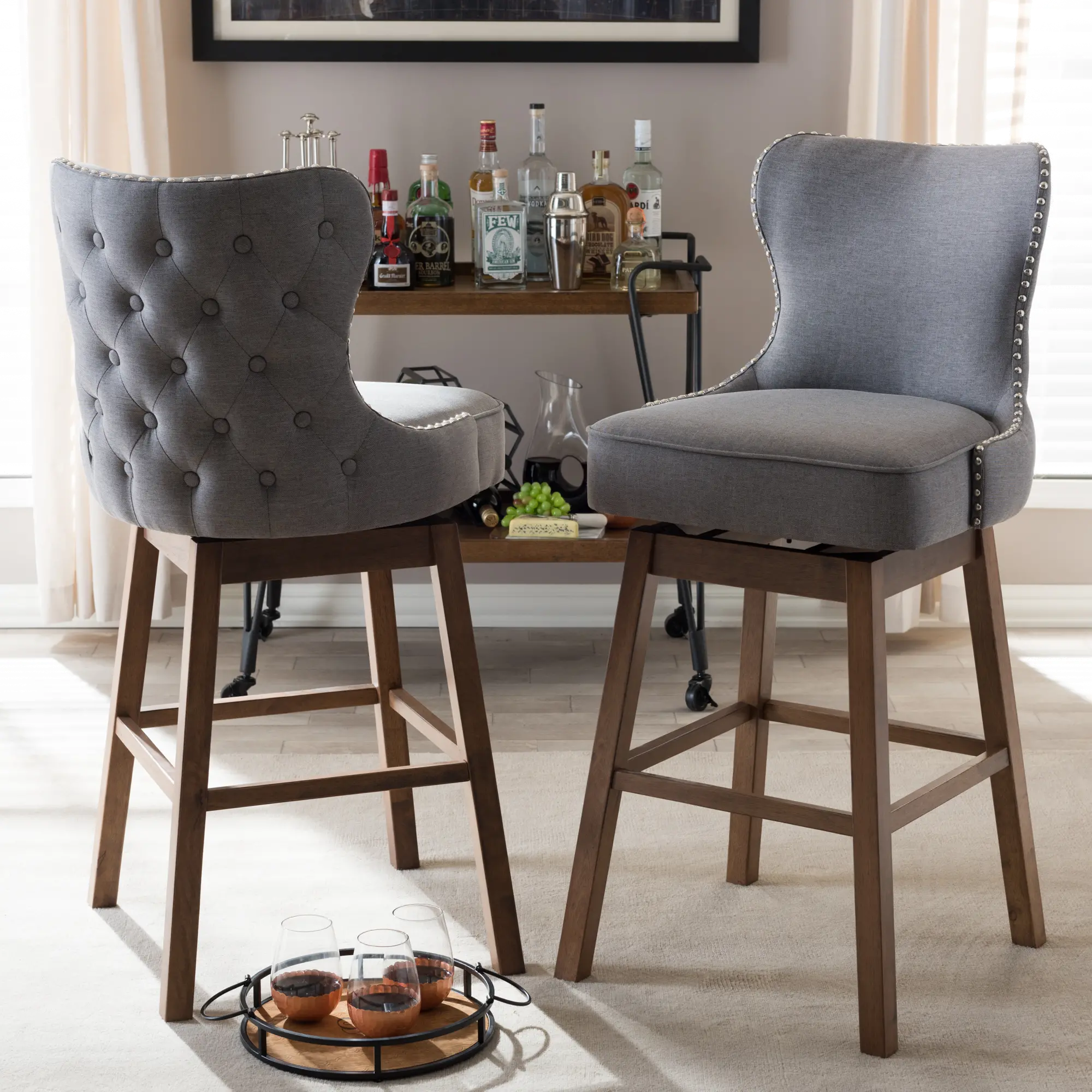 Grey Button-Tufted Upholstered Swivel Bar Stool Pair - Gradisca-2