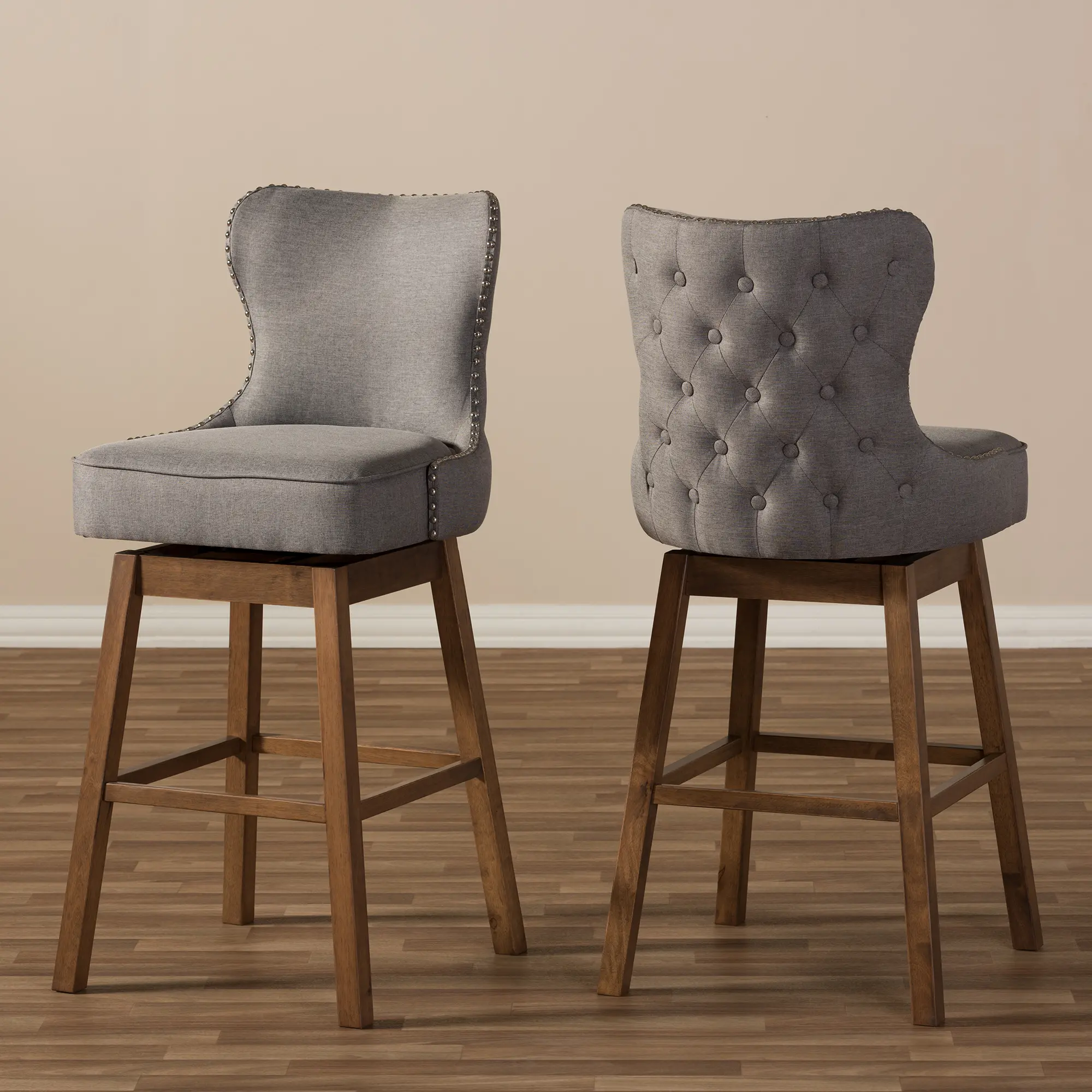 Grey Button-Tufted Upholstered Swivel Bar Stool Pair - Gradisca-7