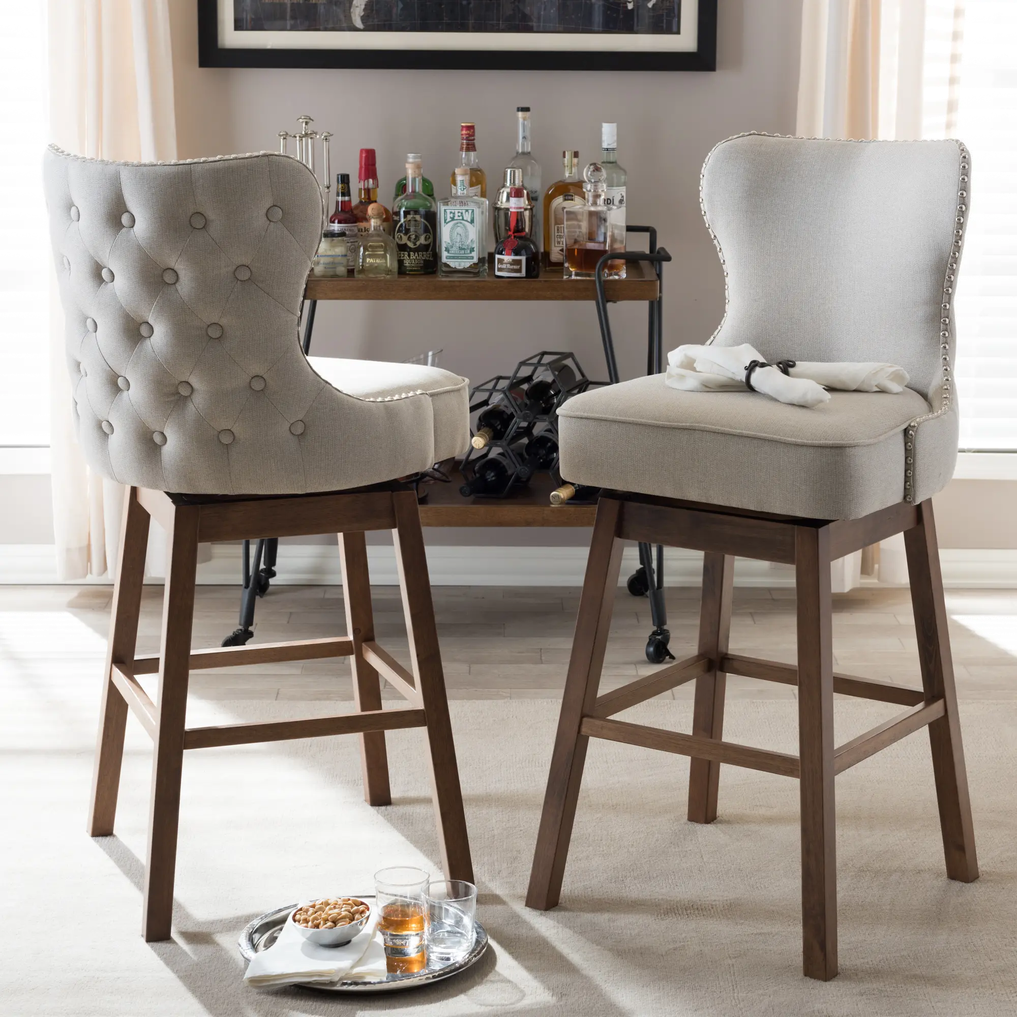 Taupe Button-Tufted Upholstered Swivel Bar Stool Pair - Gradisca-2