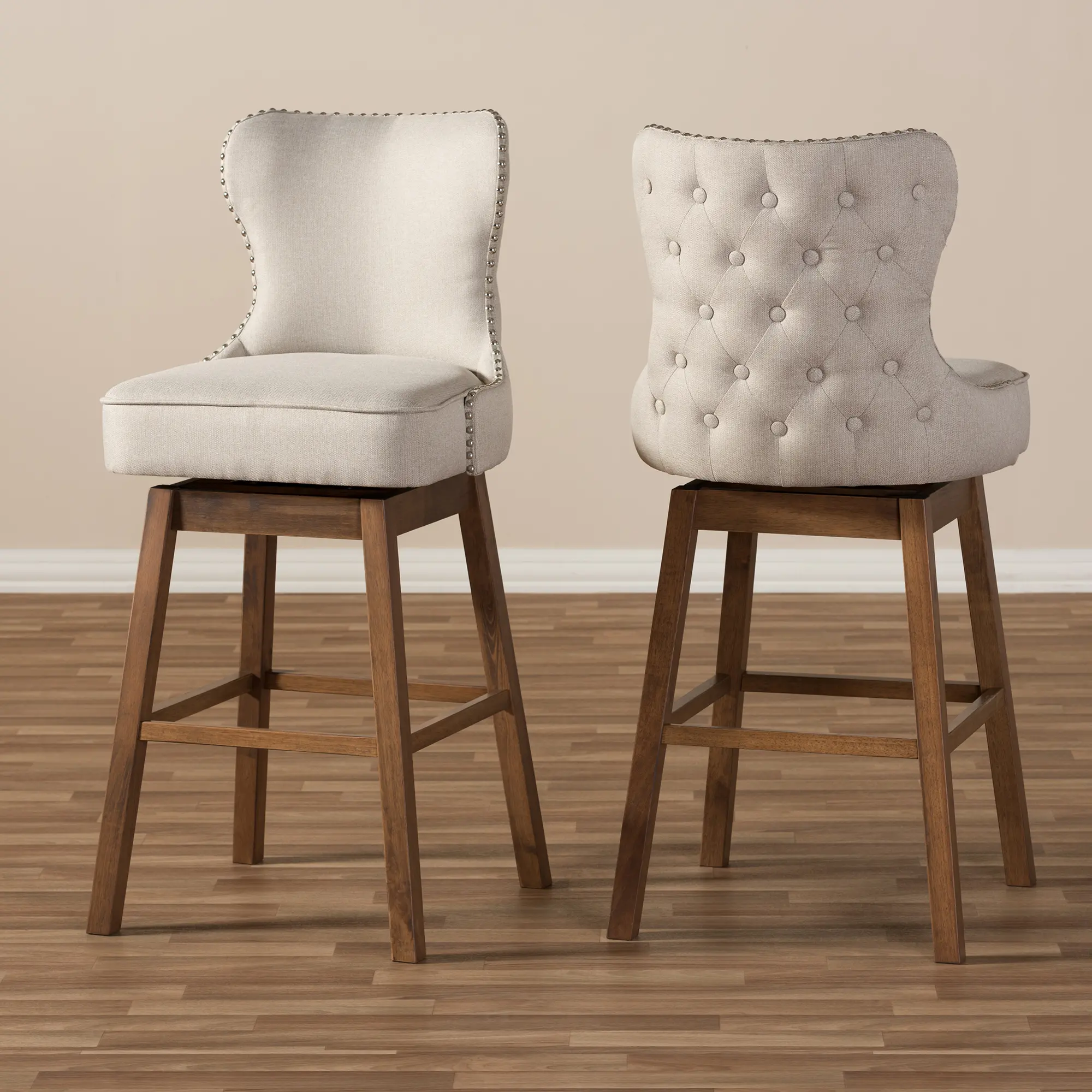 Taupe Button-Tufted Upholstered Swivel Bar Stool Pair - Gradisca-3