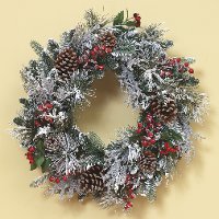 24 Inch Snowy PVC Wreath with Red Berry and Pinecone Accents