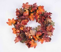 24 Inch Fall Wreath with Leaves, Pine Cones, Berries and Gourds