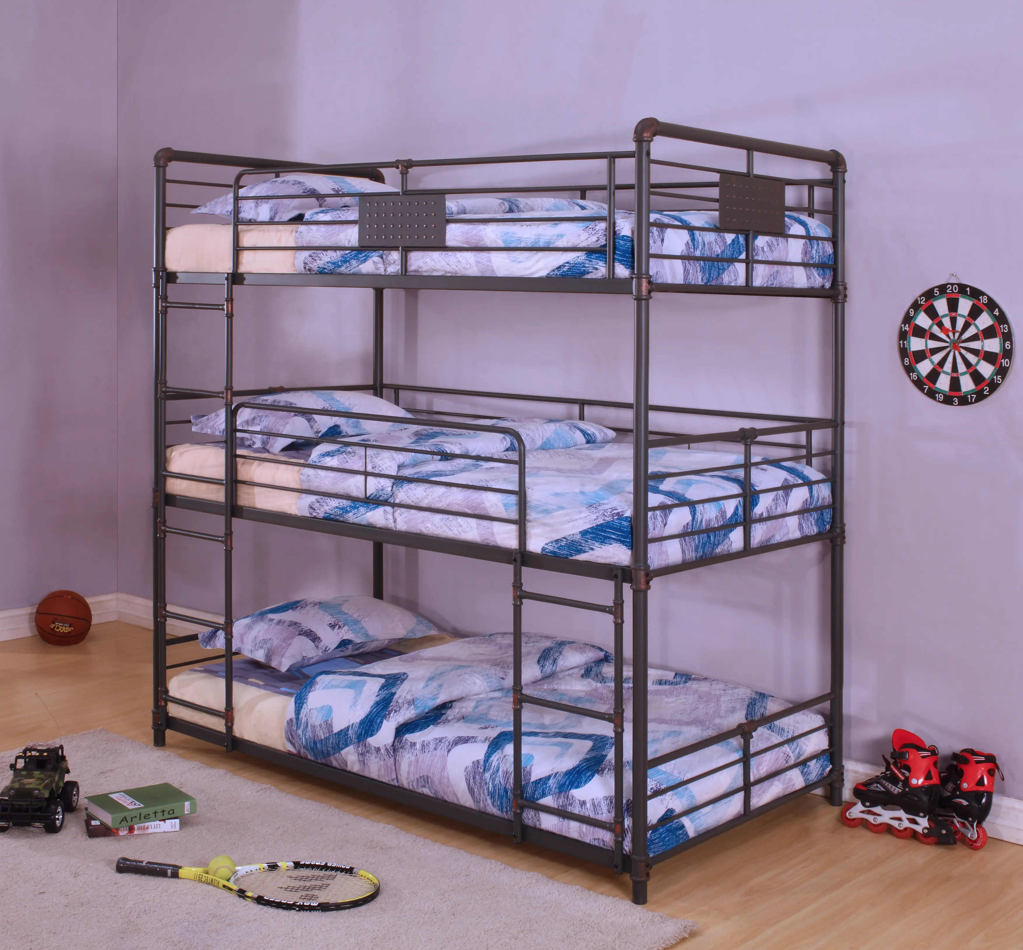 Black Metal Casual Industrial Triple Twin Bunk Bed - Alexander-1