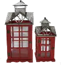 27 Inch Red Wood and Metal Lantern with Tin Roof