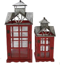 19 Inch Red Wood and Metal Lantern with Tin Roof