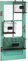 Distressed Teal Vertical Wooden Door Frame with Metal Storage Baskets