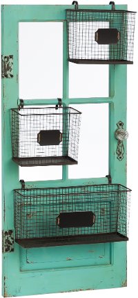 Distressed Teal Vertical Wooden Door Frame with Metal Storage Baskets