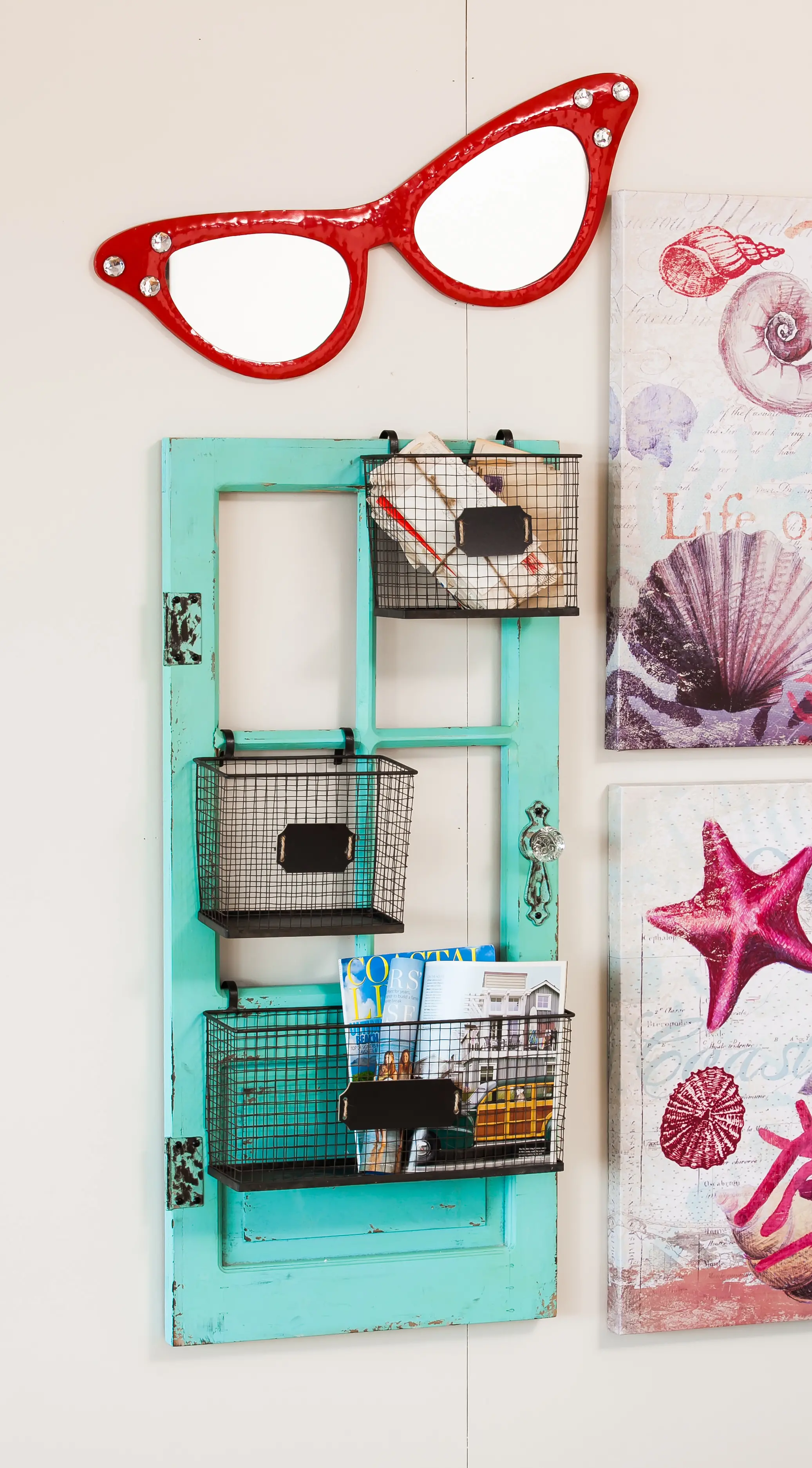 Distressed Teal Vertical Wooden Door Frame with Metal Storage Baskets-3