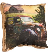 Printed Old Barn and Truck Throw Pillow