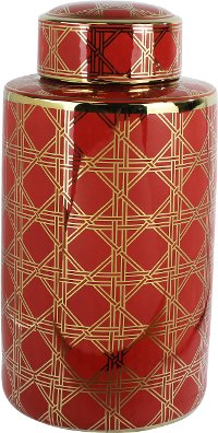 18 Inch Red and Gold Ceramic Lidded Jar