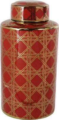 16 Inch Red and Gold Ceramic Lidded Jar