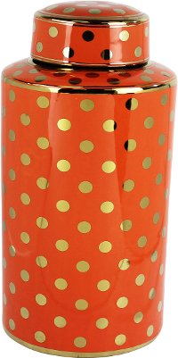Orange Ceramic Lidded Jar with Gold Polka Dots