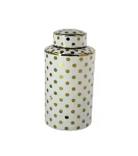 White Ceramic Lidded Jar with Gold Polka Dots
