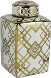 15 Inch White Square Lidded Jar with Gold Detailing