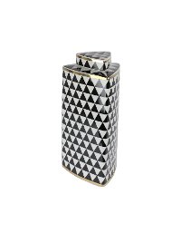 13 Inch Black and White Triangular Lidded Jar with Gold Trim