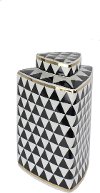 9 Inch Black and White Triangular Lidded Jar with Gold Trim
