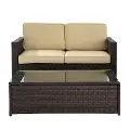 KO70002BR-SA Palm Harbor 2 Piece Beige and Wicker Loveseat and Table Set