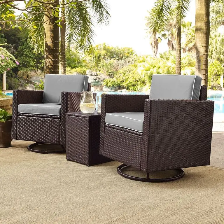 KO70058BR-GY Palm Harbor Gray and Wicker 3 pc Patio Swivel Armchair Set