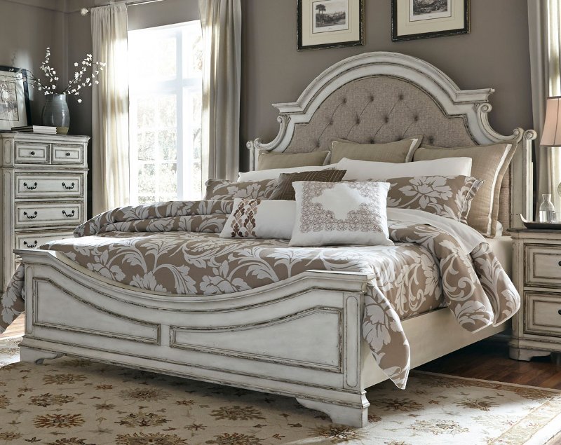 antique white traditional upholstered king size bed - magnolia manor