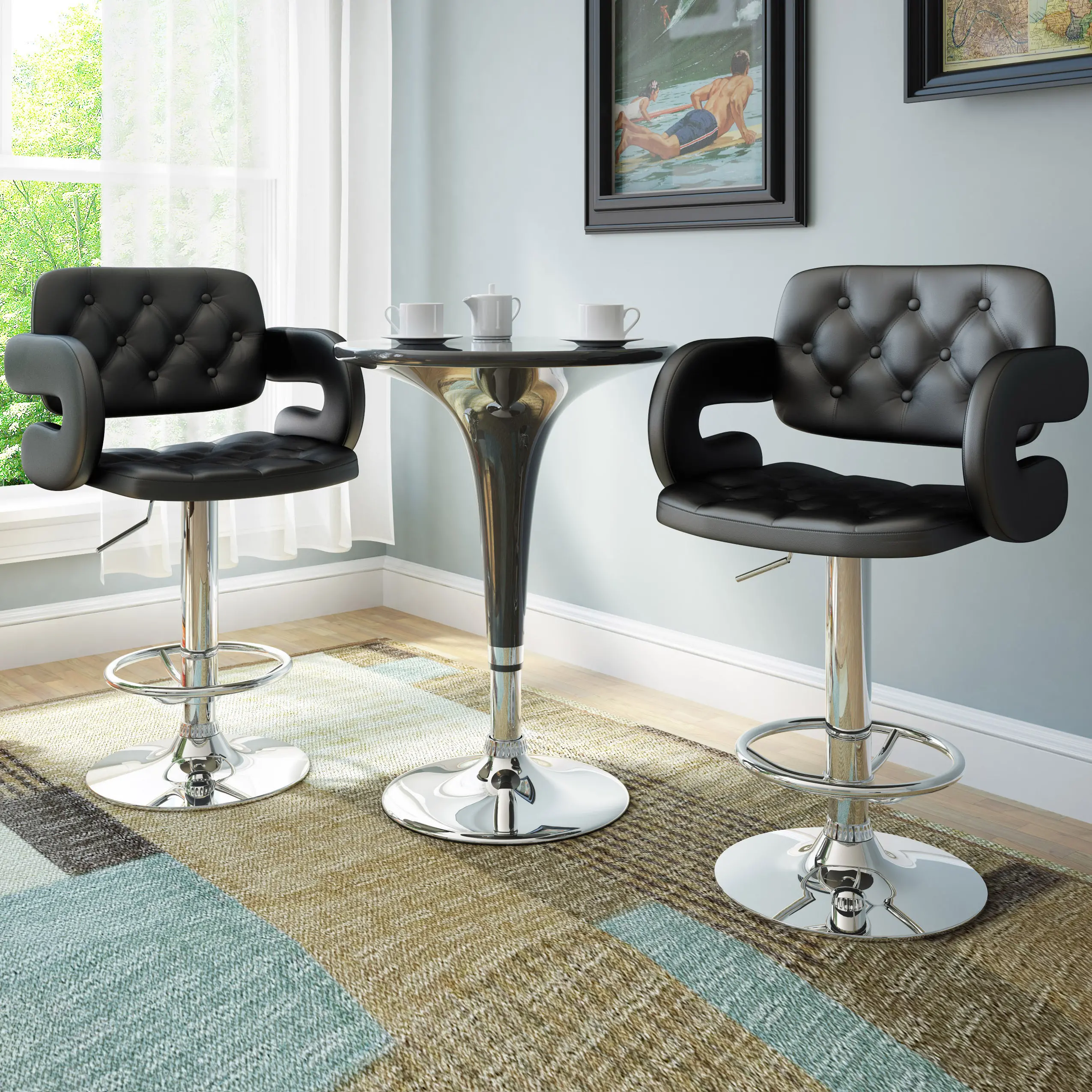 Black Swiveling Adjustable Bar Stool (Set of 2)-2