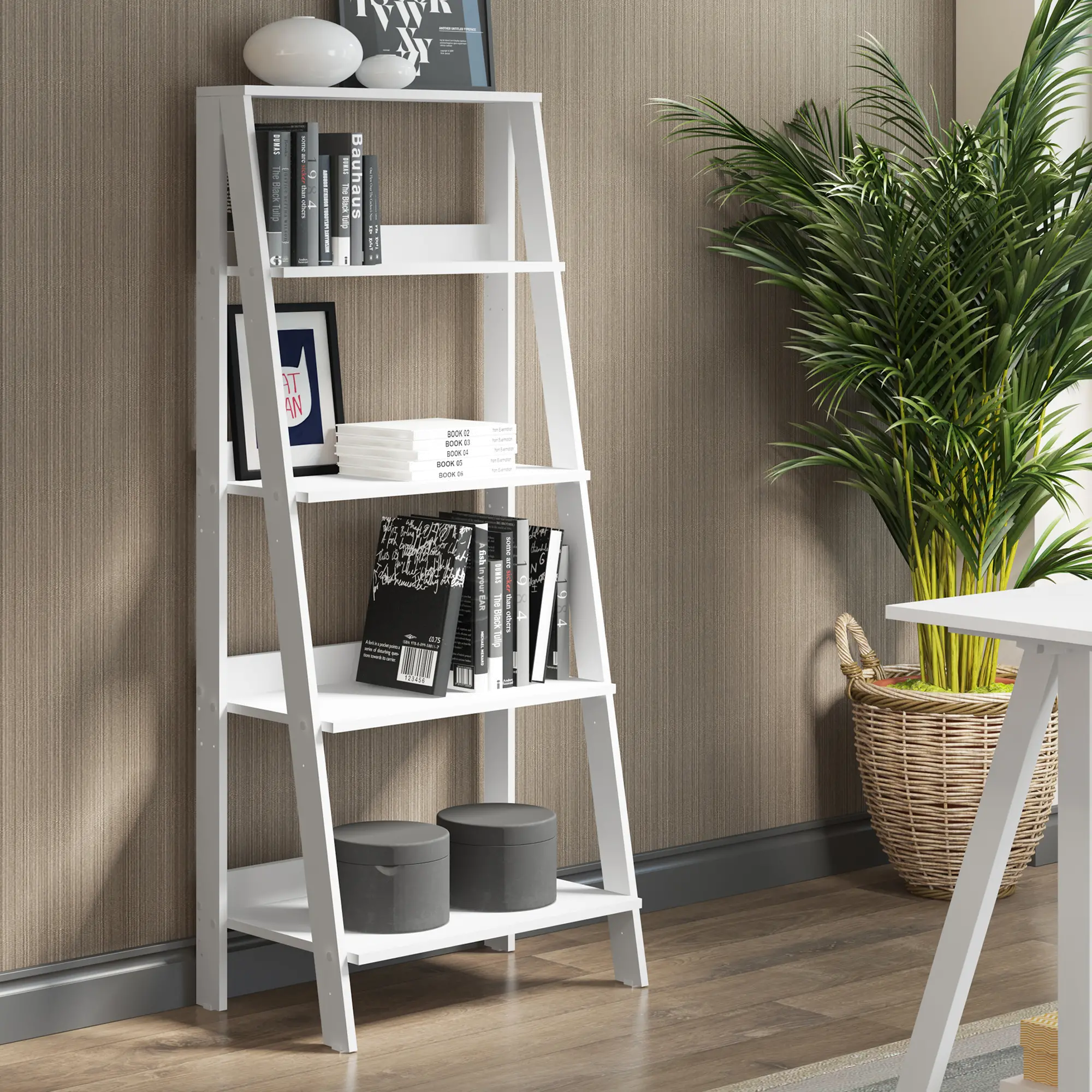 BS55LDWH White Wood Ladder Bookcase-1