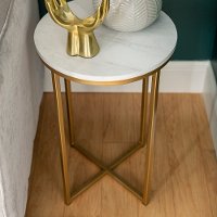 White Faux-Marble 16 Inch Round Side Table with Gold Base-2