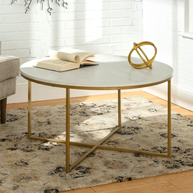 AF36ALCTMGD White Faux-Marble 36 Inch Round Coffee Table with Gold Base - Walker Edison