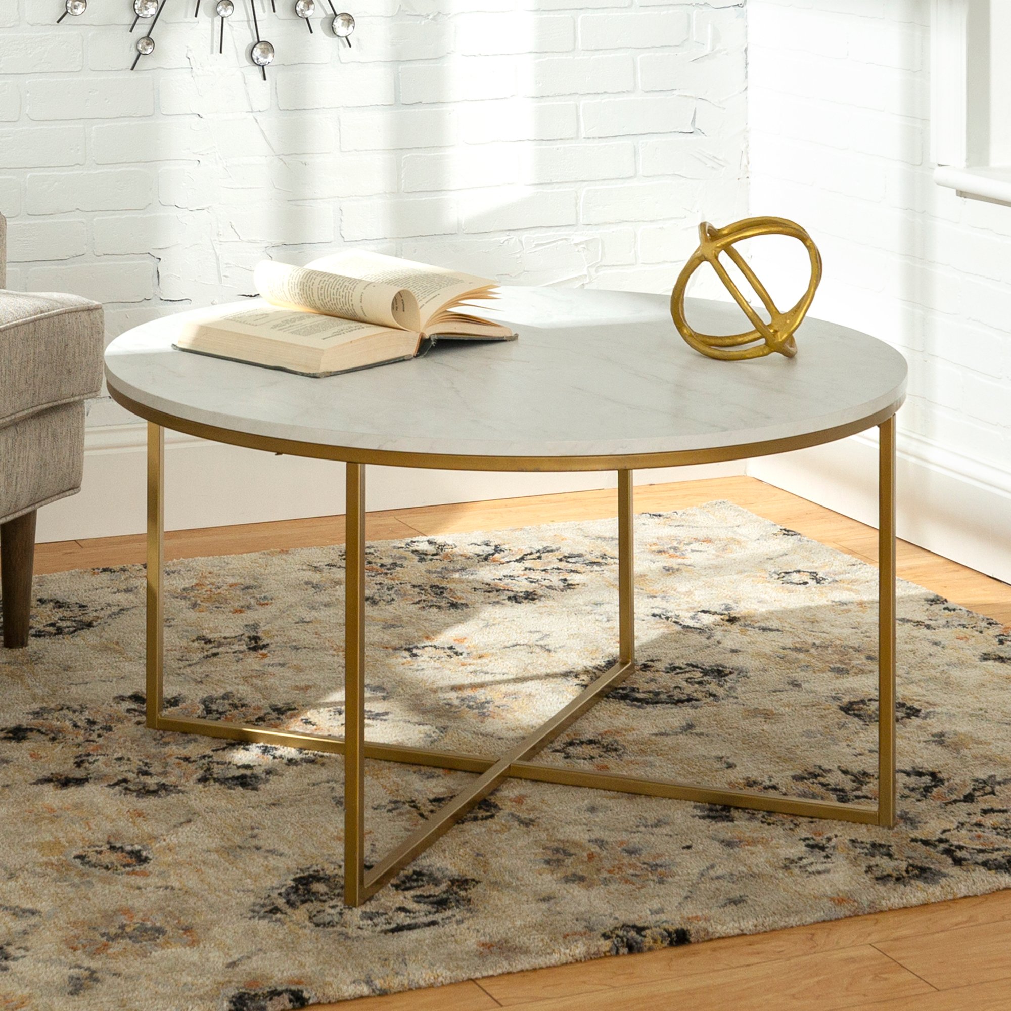 AF36ALCTMGD White Faux-Marble 36 Inch Round Coffee Table with Gold Base-1