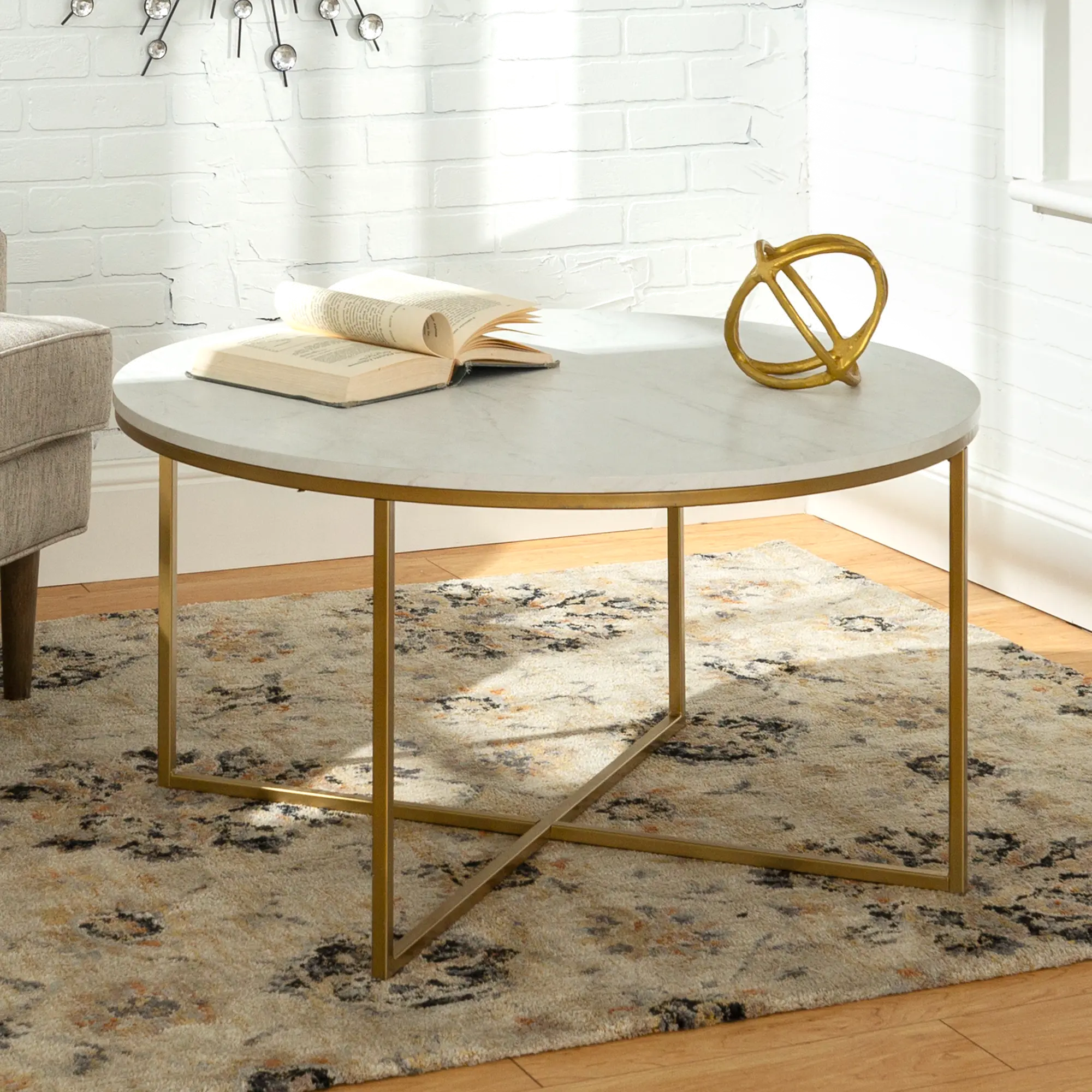 AF36ALCTMGD White Faux-Marble 36 Inch Round Coffee Table with Gold Base-1