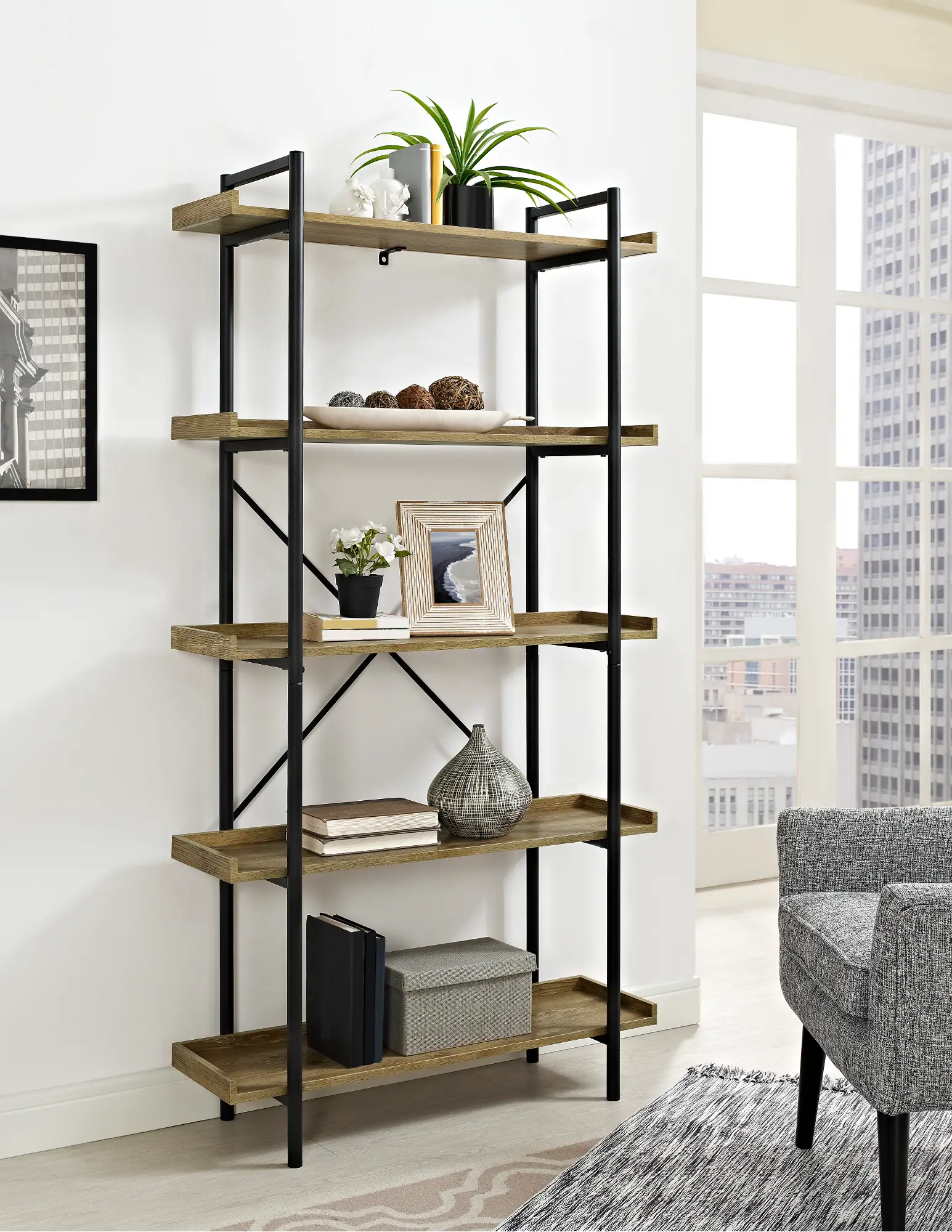 BS68UPBW Black Pipe/ Barnwood 5-Shelf Bookshelf (68 Inch)-1