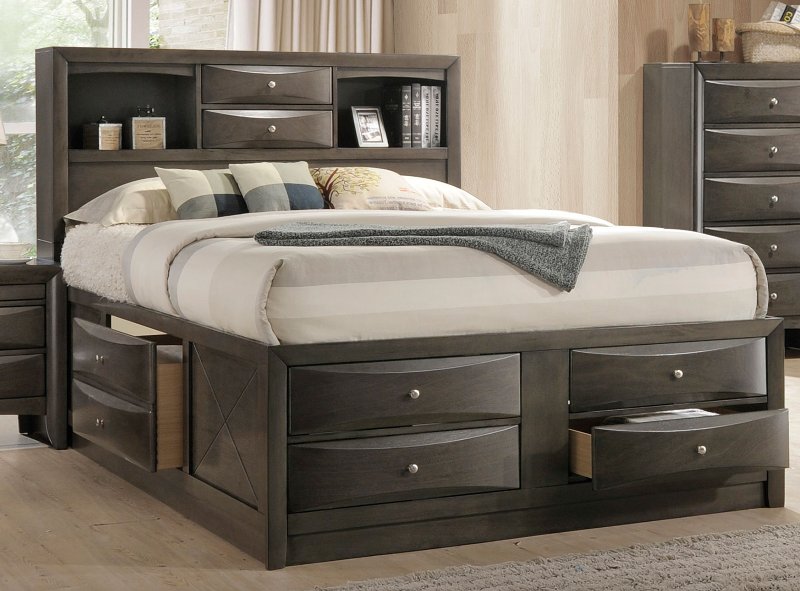 Contemporary Gray King Size Storage Bed, King Storage Bed With Bookcase Headboard