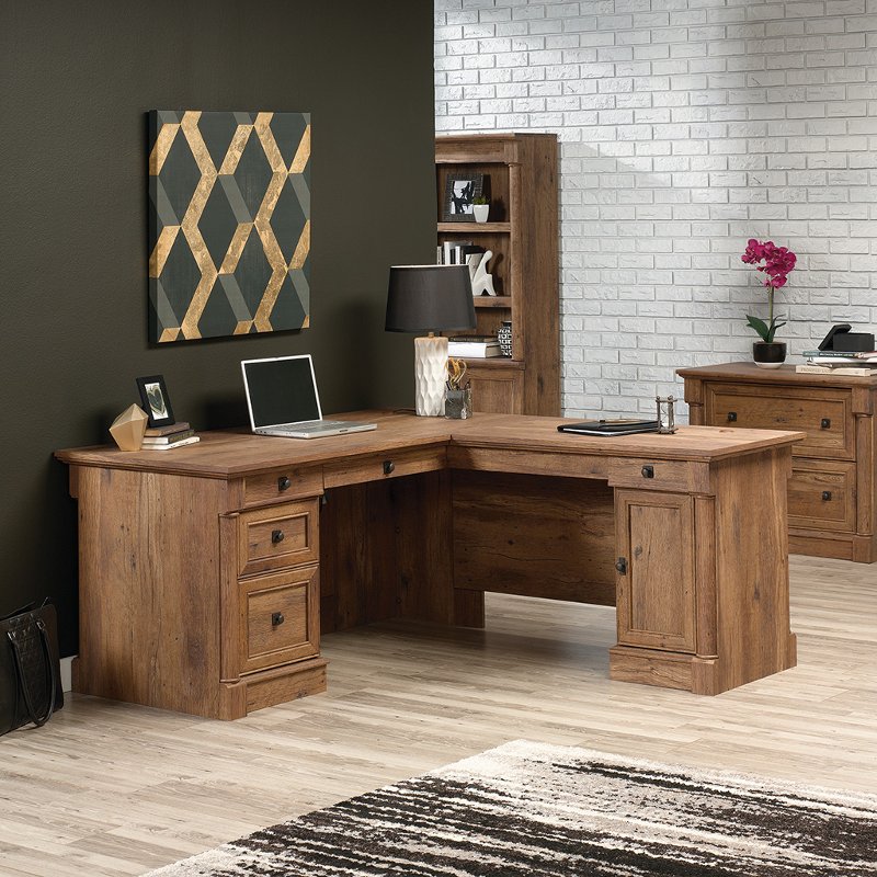 L Shaped Oak Corner Desk Vine Crest Rc Willey Furniture Store
