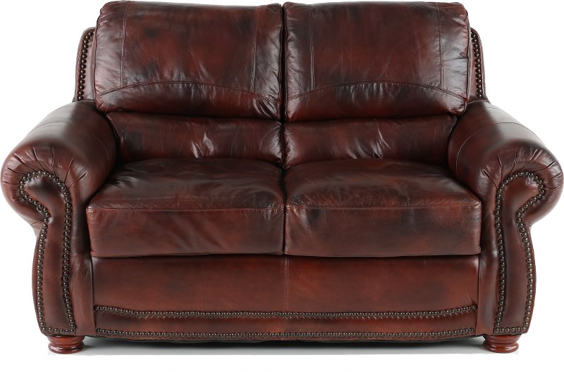 Classic Traditional Brown Leather Loveseat Amaretto