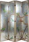 Antique Gold and Mirrored Bird 4-Panel Screen Room Divider