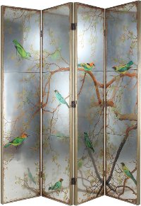 Antique Gold and Mirrored Bird 4-Panel Screen Room Divider