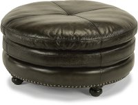 Classic Dark Gray Leather Round Ottoman - Suffolk